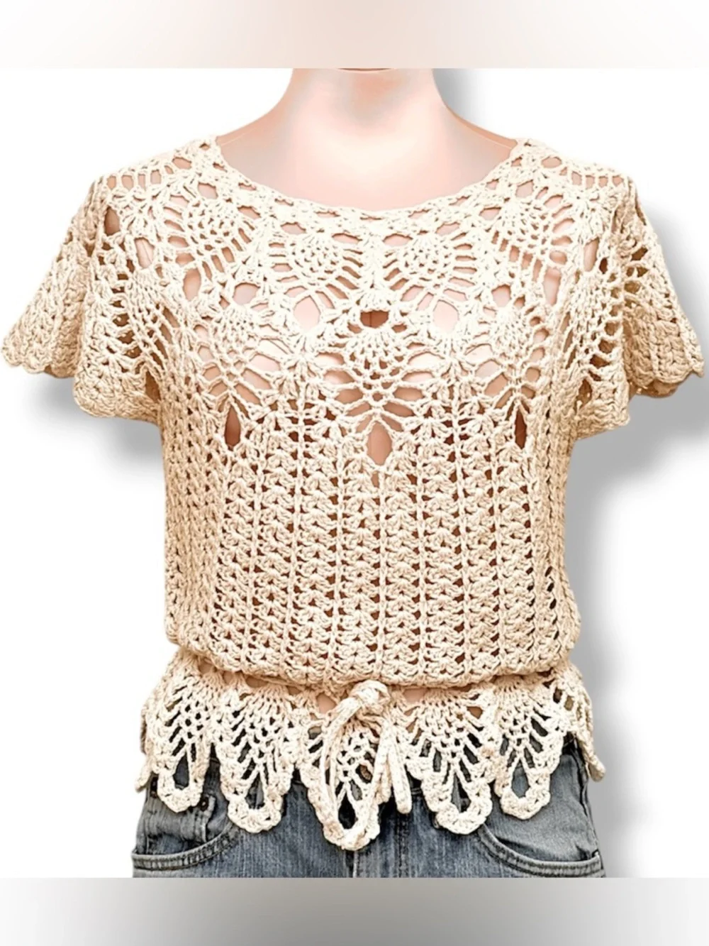 Free People Vintage 60s Crochet Tie Waist Top Ivory OS